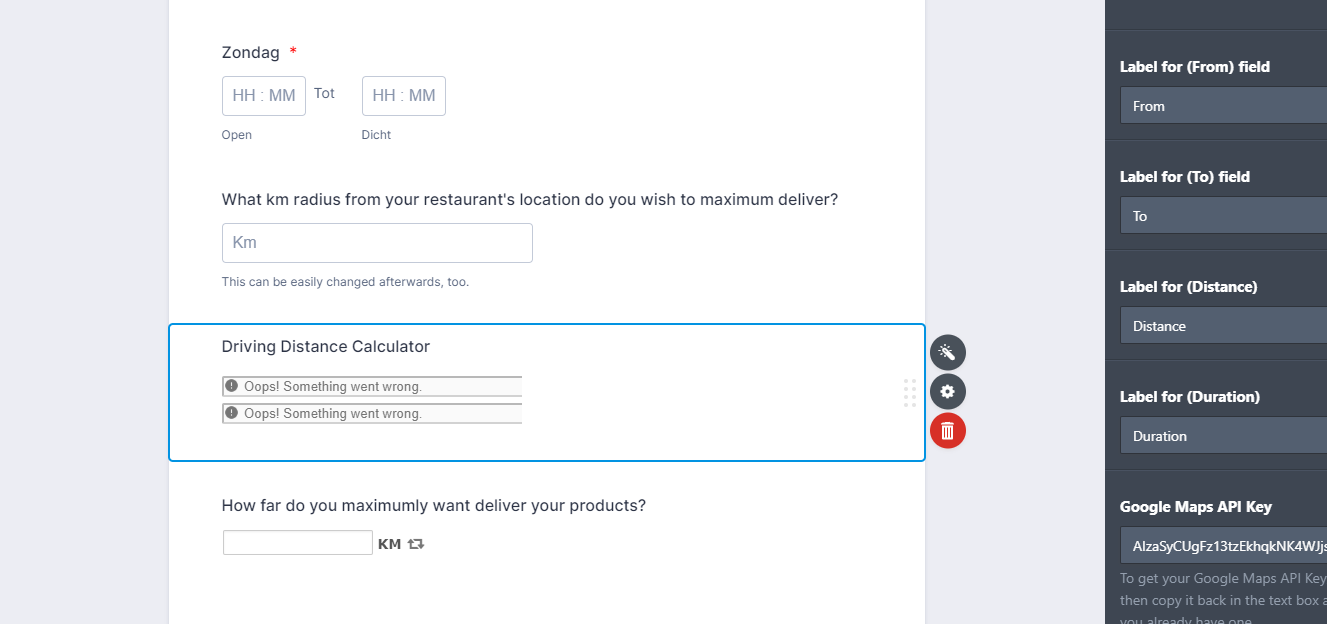 Driving Distance Widget: Not working even after adding an API key